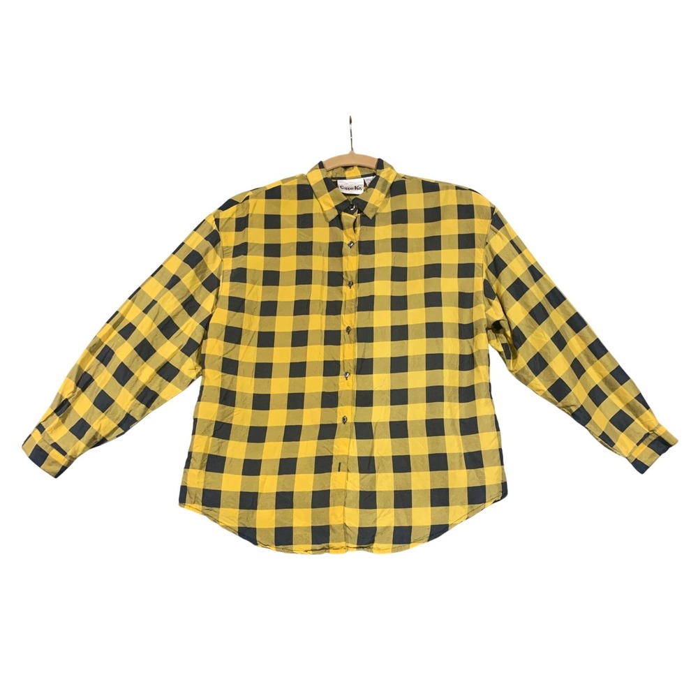 Copper Key Vintage 100% Silk Yellow Black Buffalo Plaid Button Down Shirt Large